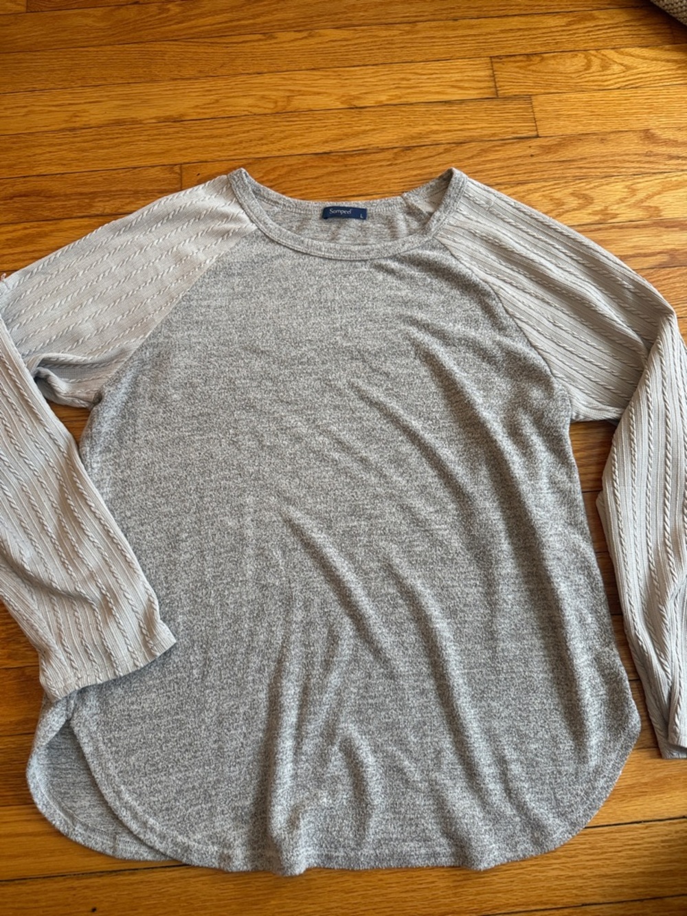 Sampeel Cream and Brown Raglan Knit Top with Textured Sleeves